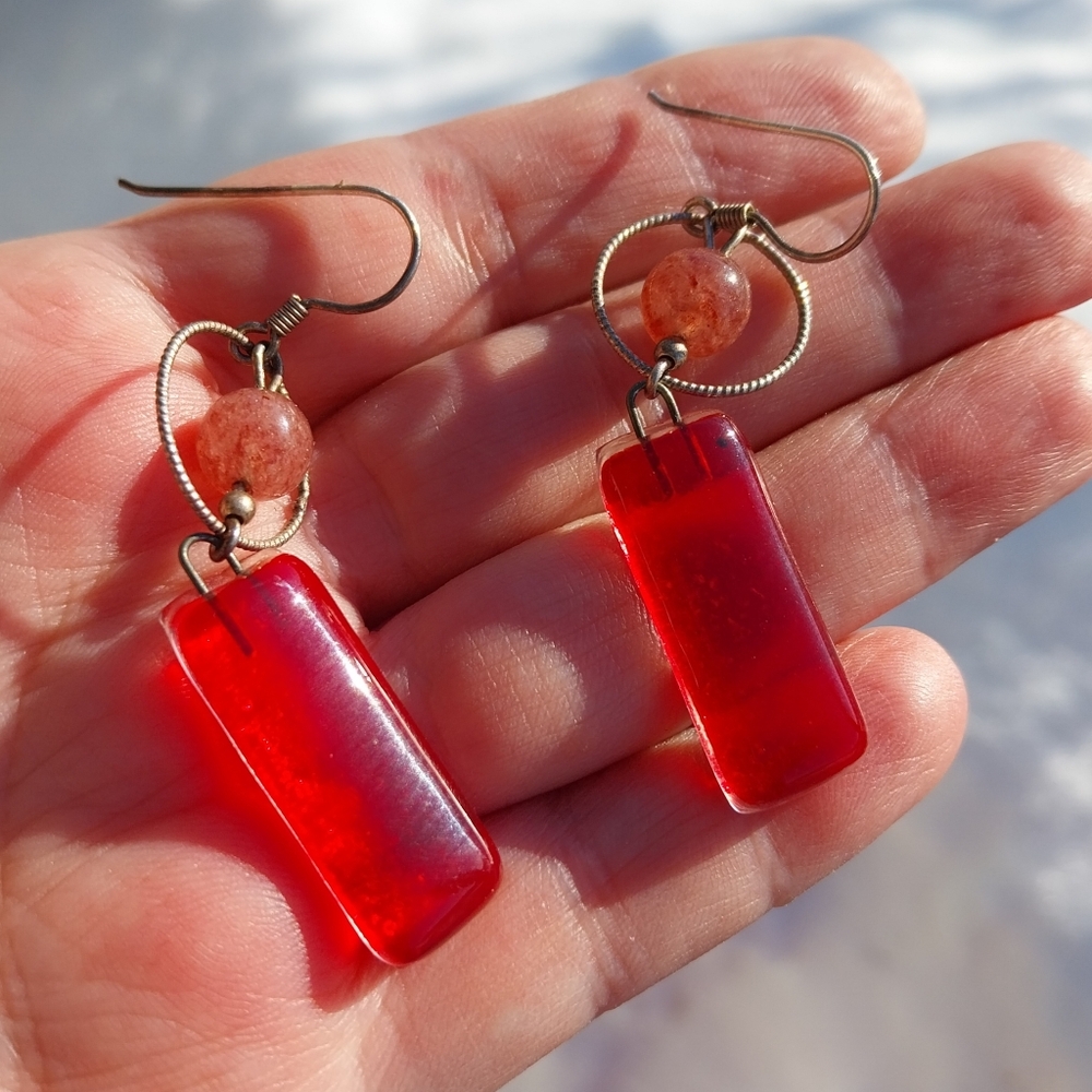Sterling Silver Red Dangle Earrings - Picture 4 of 14